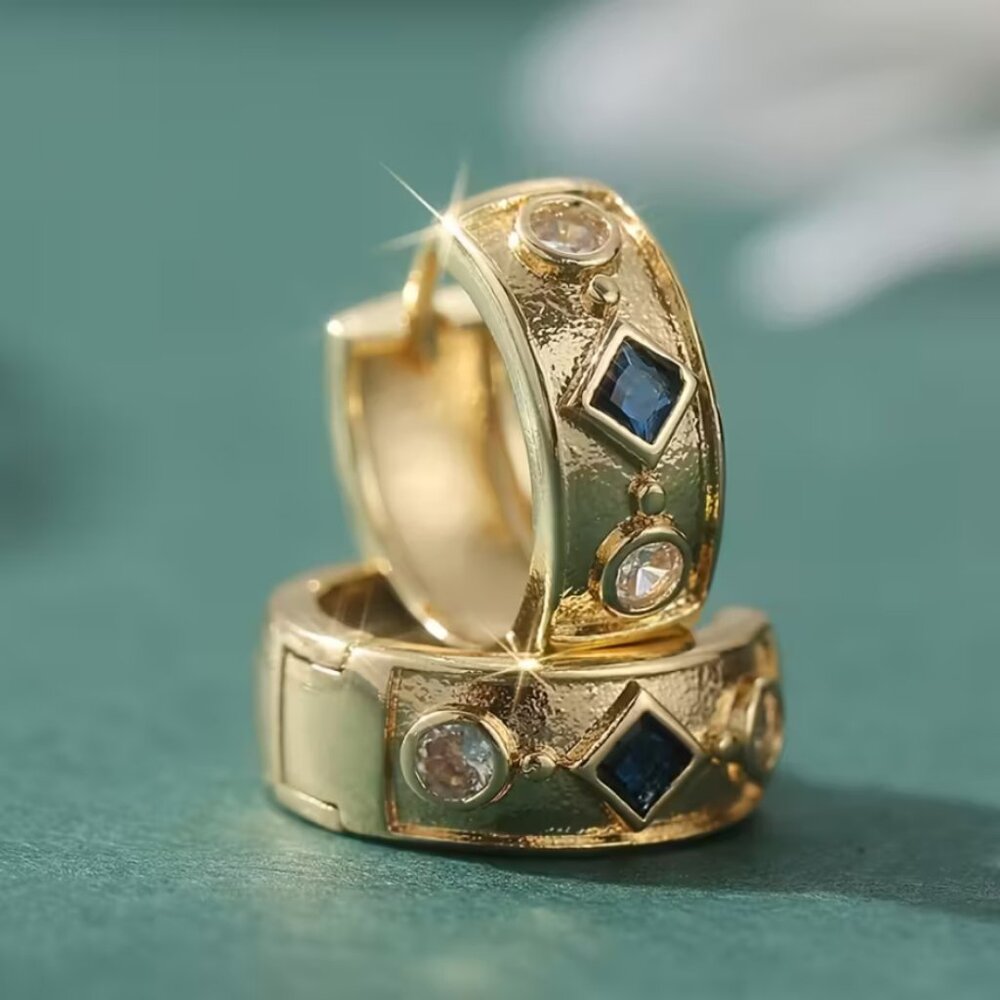 14K Gold Womens 1ct Blue Sapphire Gemstone 1ct Diamond Small Hoop Earrings NEW - Picture 3 of 5